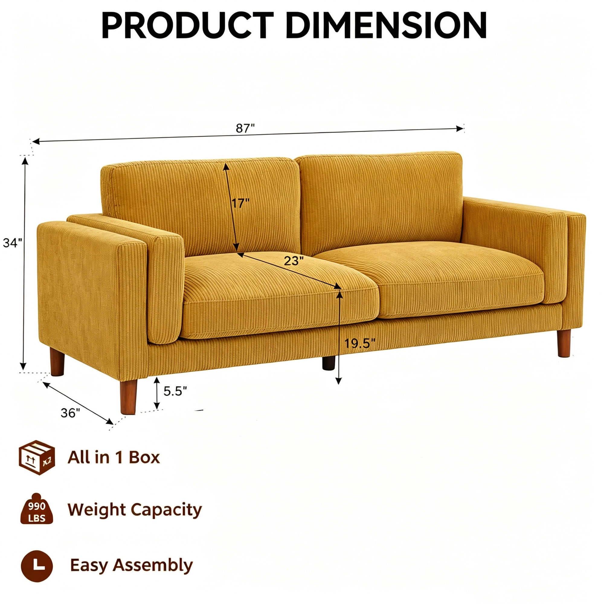 Aukfa 87" Modern Sofa Couch Oversized 3-Seater Sofa for Living Room, 23" Deep Seat, Corduroy, Ginger