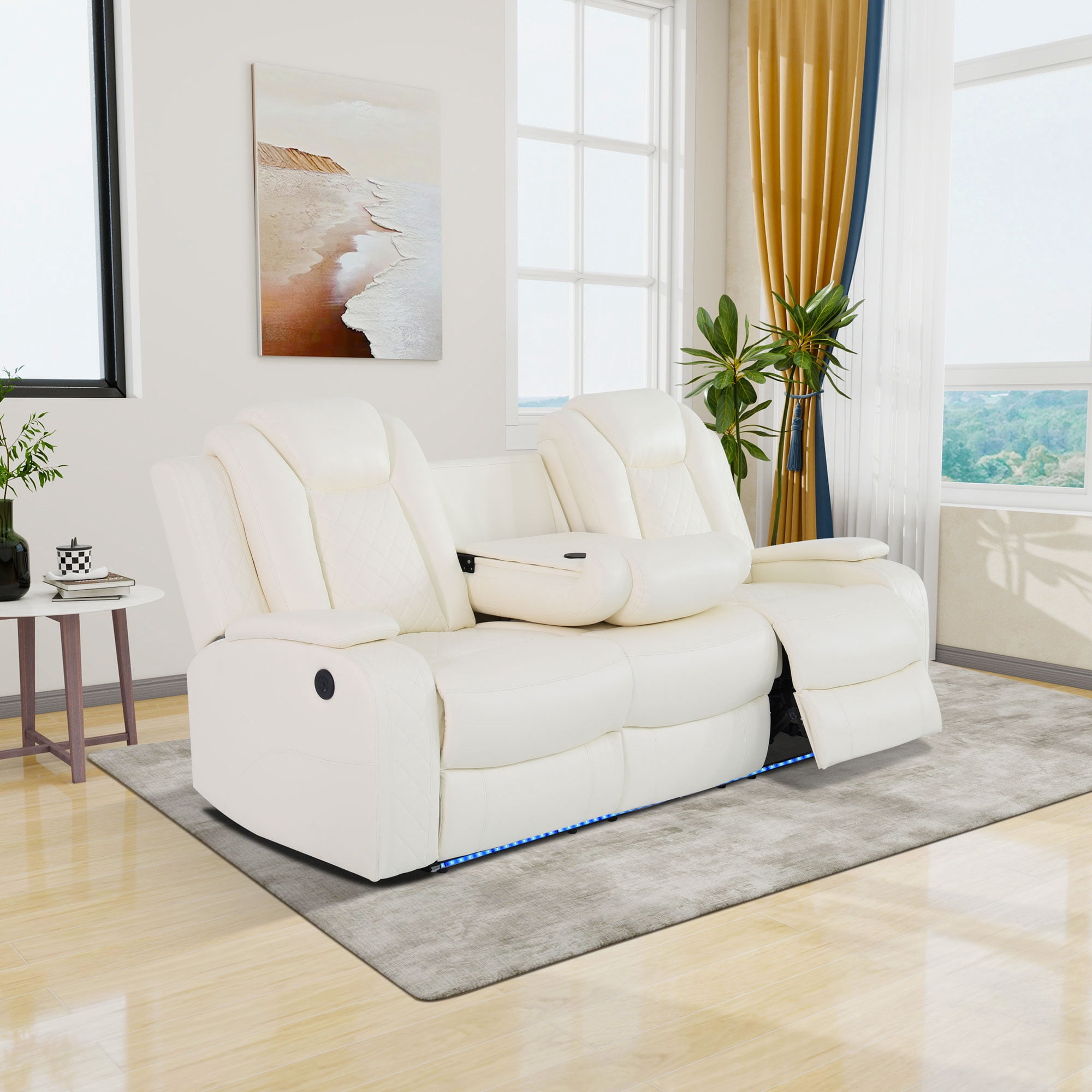 Gewnee Power Reclining Multifunctional Sofa with USB & Wireless Charging, Air Leather, Storage Console, Living Room,Off-white