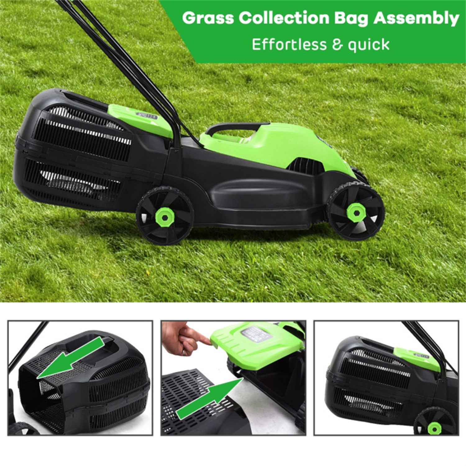 13-Inch Electric Lawn Mower with 8 Gal Grass Collection Box, 3 Adjustable Cutting Heights, Lightweight 15.5LBS Push Mower for Garden - Green