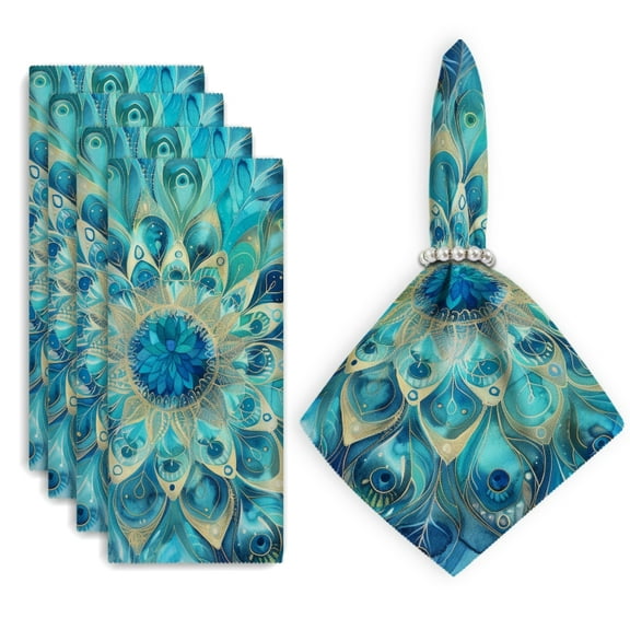 Bahomeck Napkins Set Of 4 Reusable Washable Square Fabric Dining Table Napkins Weddings Party Dinner Decor,18*18 Inch,Mandala Of Peacock Feathers In Shades Of Blue And Gold