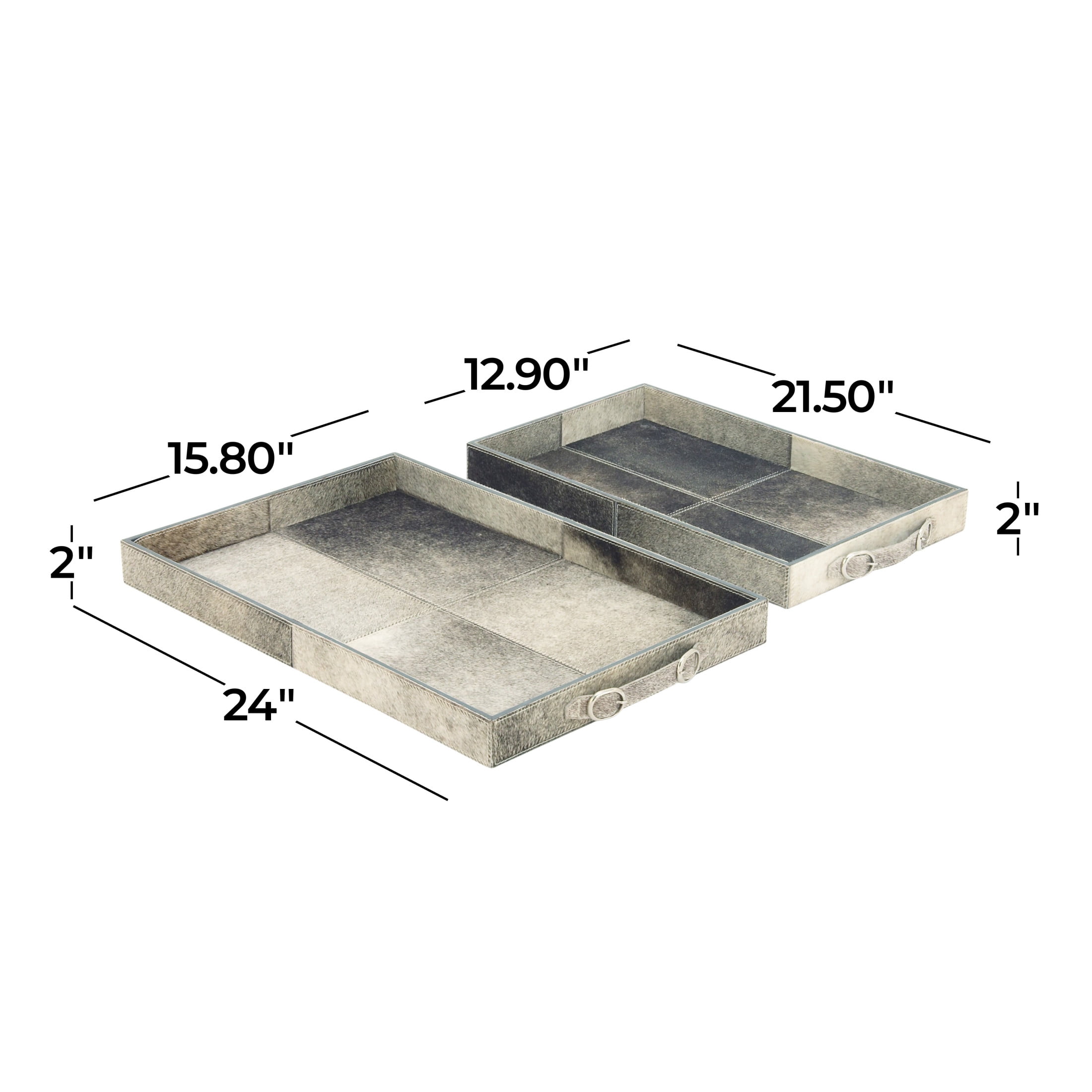 DecMode 24", 20"W Gray Wooden Handmade Cowhide Tray with Slot Handles, 2-Pieces