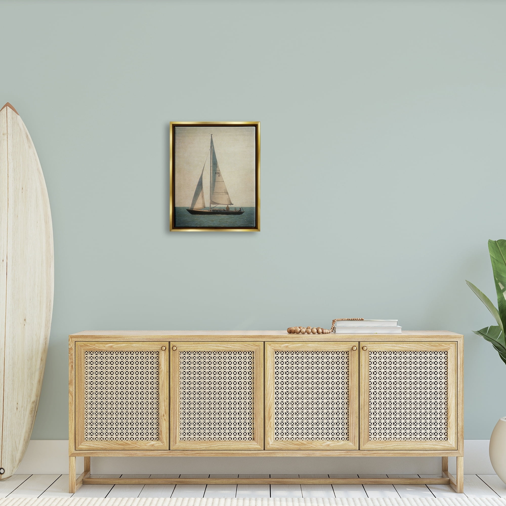 Stupell Industries Lone Sailboat People Relaxing Quiet Ocean Landscape Painting Metallic Gold Floating Framed Canvas Print Wall Art, Design by Graffitee Studios