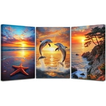 Hieng Dolphin Canvas Wall Art Orange Beach Seascape Picture Sunset Ocean Coastal Poster Prints Starfish Waves Painting for Bathroom Home Decor （Only canvas）