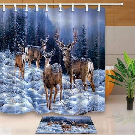 - BPBOP Christmas Animals Decor Wild Reindeer in Winter Forest Full with Snow Shower Curtain 66x72 inches with Floor Doormat Bath Rugs 15.7x23.6 inches