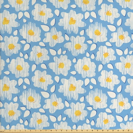 Floral Fabric by The Yard, Continuous Happy Daisy Flowers Pastel Tones Sketch Retro Illustration, Decorative Fabric for Upholstery and Home Accents, by Ambesonne