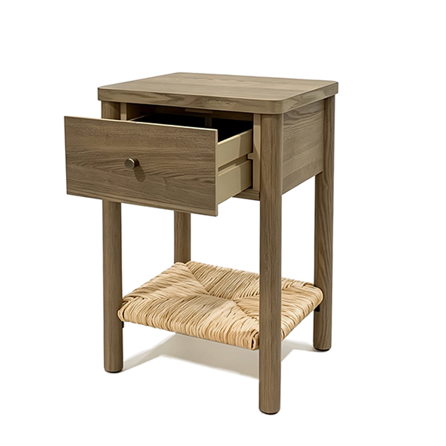 Nightstand Side Table 15.75 Inch, Solid Wood Round Legs with Woven Jute Storage Shelf and Drawer for Bedroom Living Room, Antique Grey