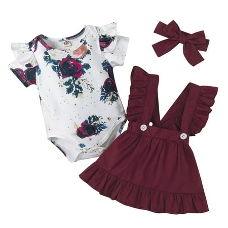 

EHTMSAK Newborn Infant Baby Toddler Girl 3PCS Short Sleeve Clothing Set Outfits Floral Bodysuit and Ruffle Suspender Skirt Set Summer with Headband Wine 0-2Y 90