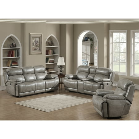 - Estella Collection Contemporary 3-Piece Upholstered Leather Living Room Set with a Recliner Chair, Sofa and Loveseat with Storage Console and Cup Holders, Gray