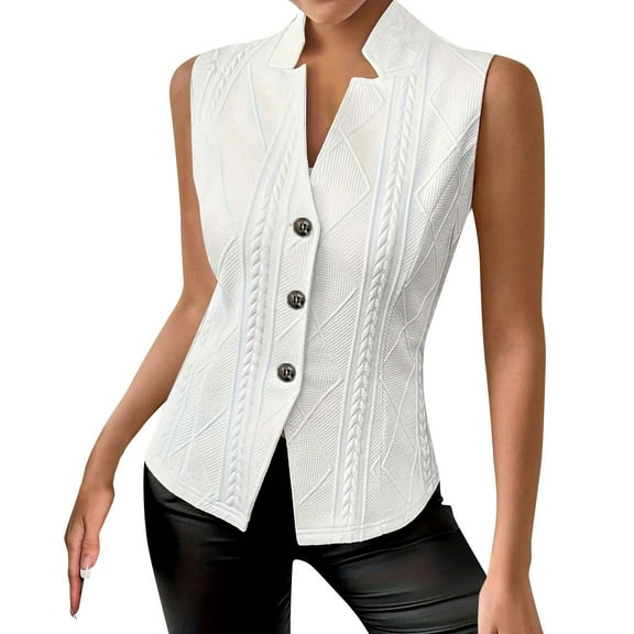Lenpel Women's Vest Tops Summer Sleeveless V Neck Button down Textured Slim Business Casual Work Shirts Lightweight Waistcoat Blazers