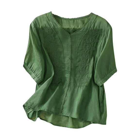 Women Vintage Cotton Linen T-Shirts Summer Mexican Peasant Embroidered Tops Casual Loose V Neck Boho Tunic Blouse