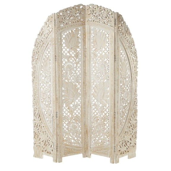 DecMode 60" x 72" White Wood Floral Handmade Foldable Partition 4 Panel Room Divider Screen with Carved Designs, 1-Piece