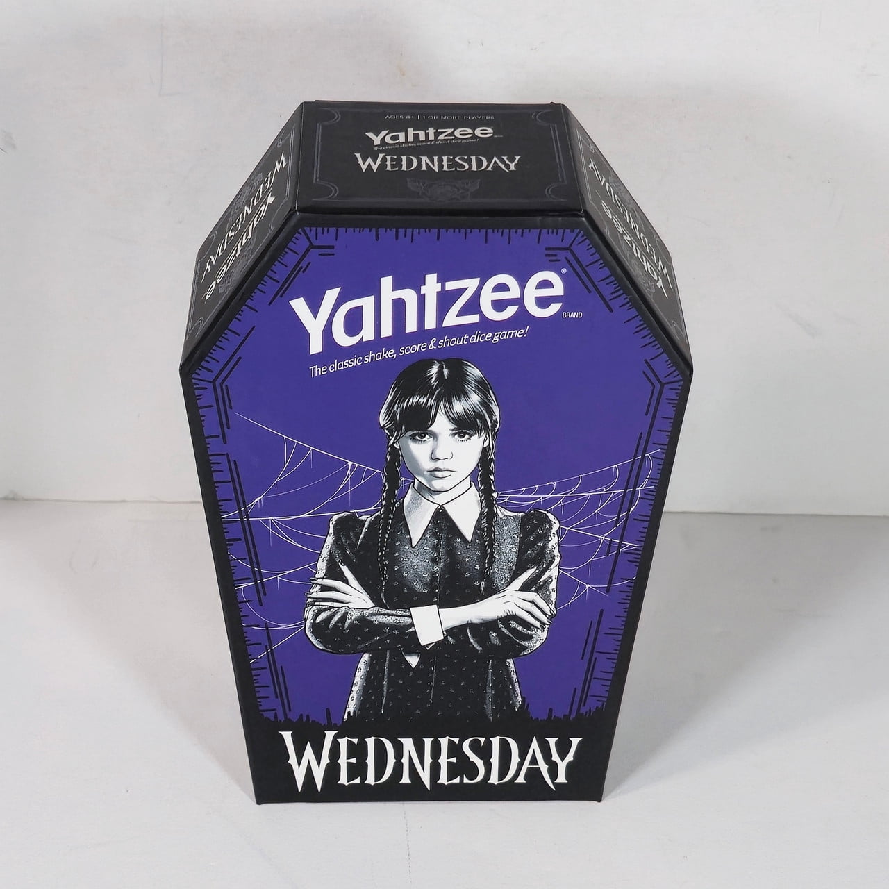 Yahtzee: Wednesday Dice Game, Collectible Flocked Interior Coffin Dice Cup, Classic Game Based on Addams Family Character Wednesday Addams, Officially Licensed Wednesday Game & Merchandise