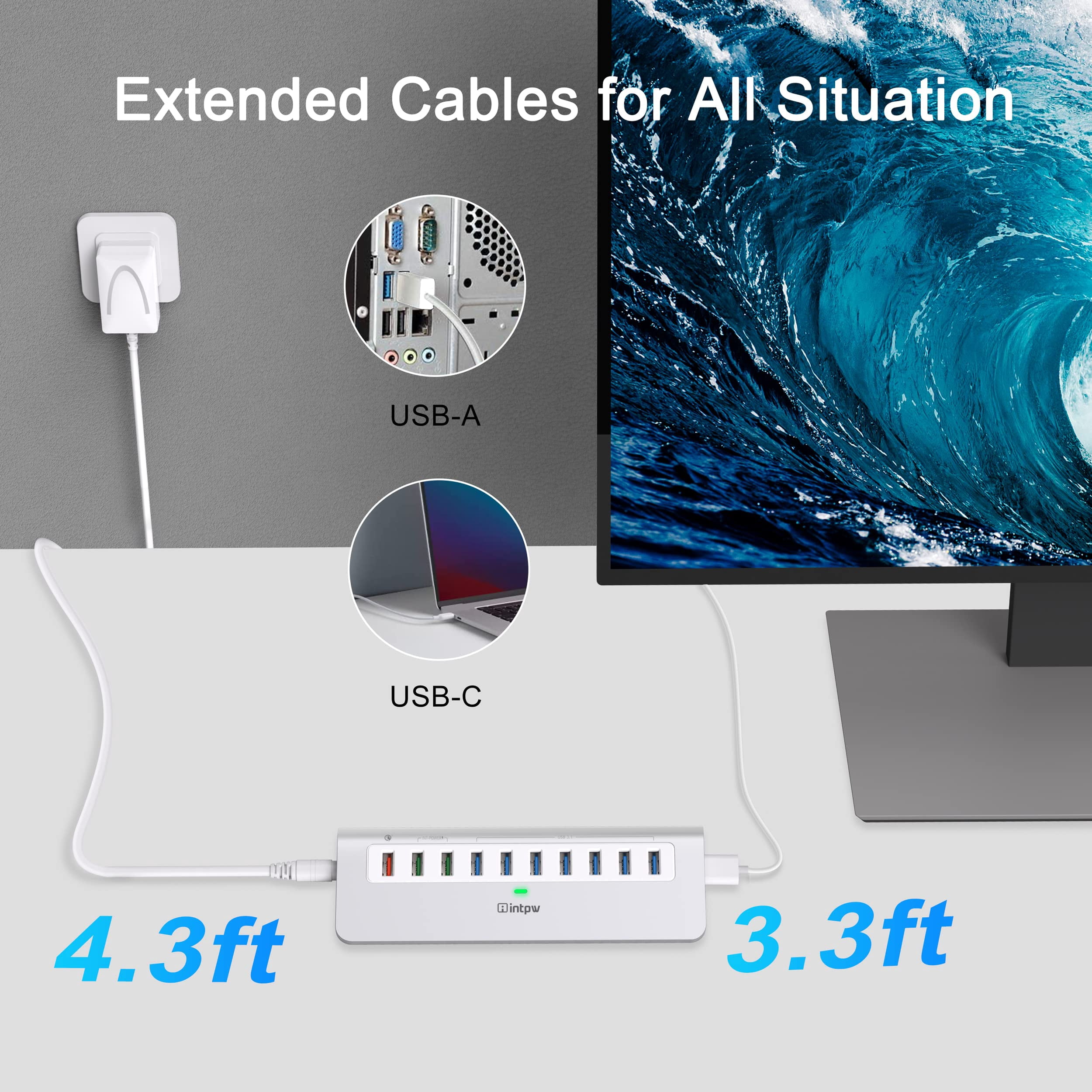 INTPW Powered USB C Hub for Laptop, 10-Port USB Hub with 10Gbps Data Transfer, 7 USB-A and 3 USB-C Ports, Ergonomic 32° Design