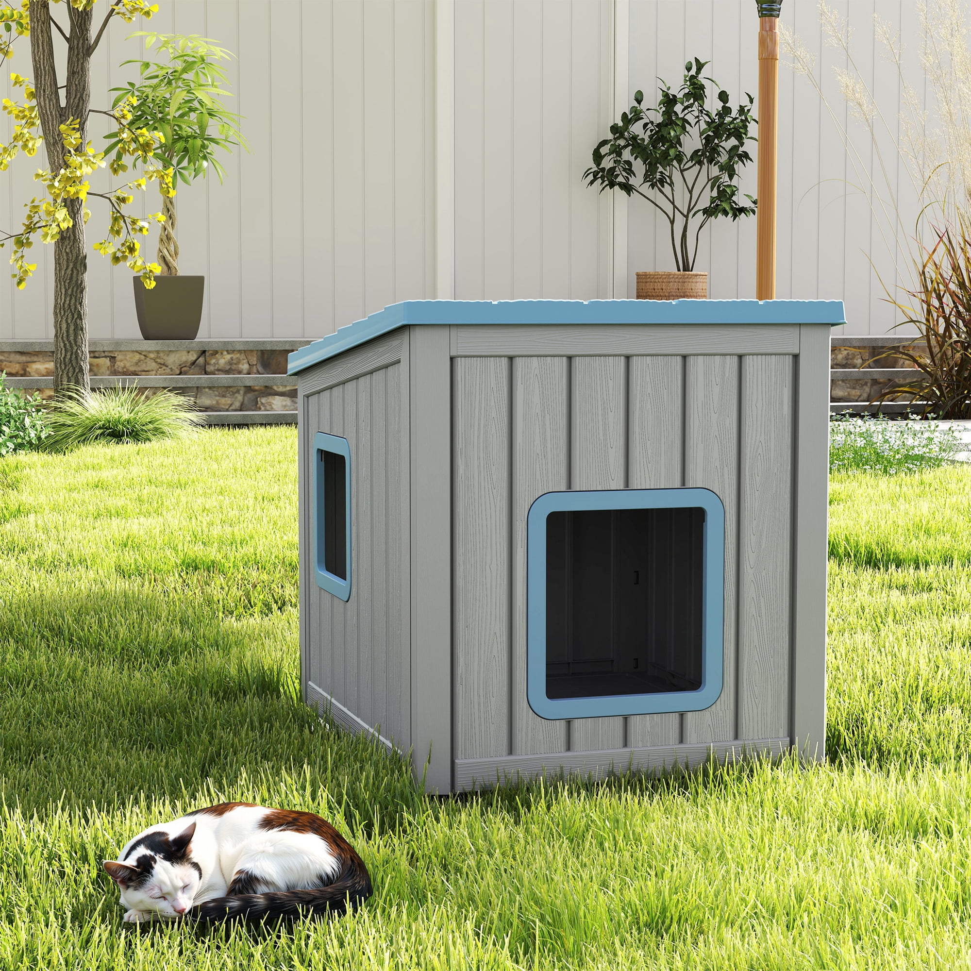 Bifanuo Outdoor Cat House, Weatherproof Shelter for Feral Cats & Kittens, Durable Insulated PP Shelter for Garden & Patio (Gray & Blue)