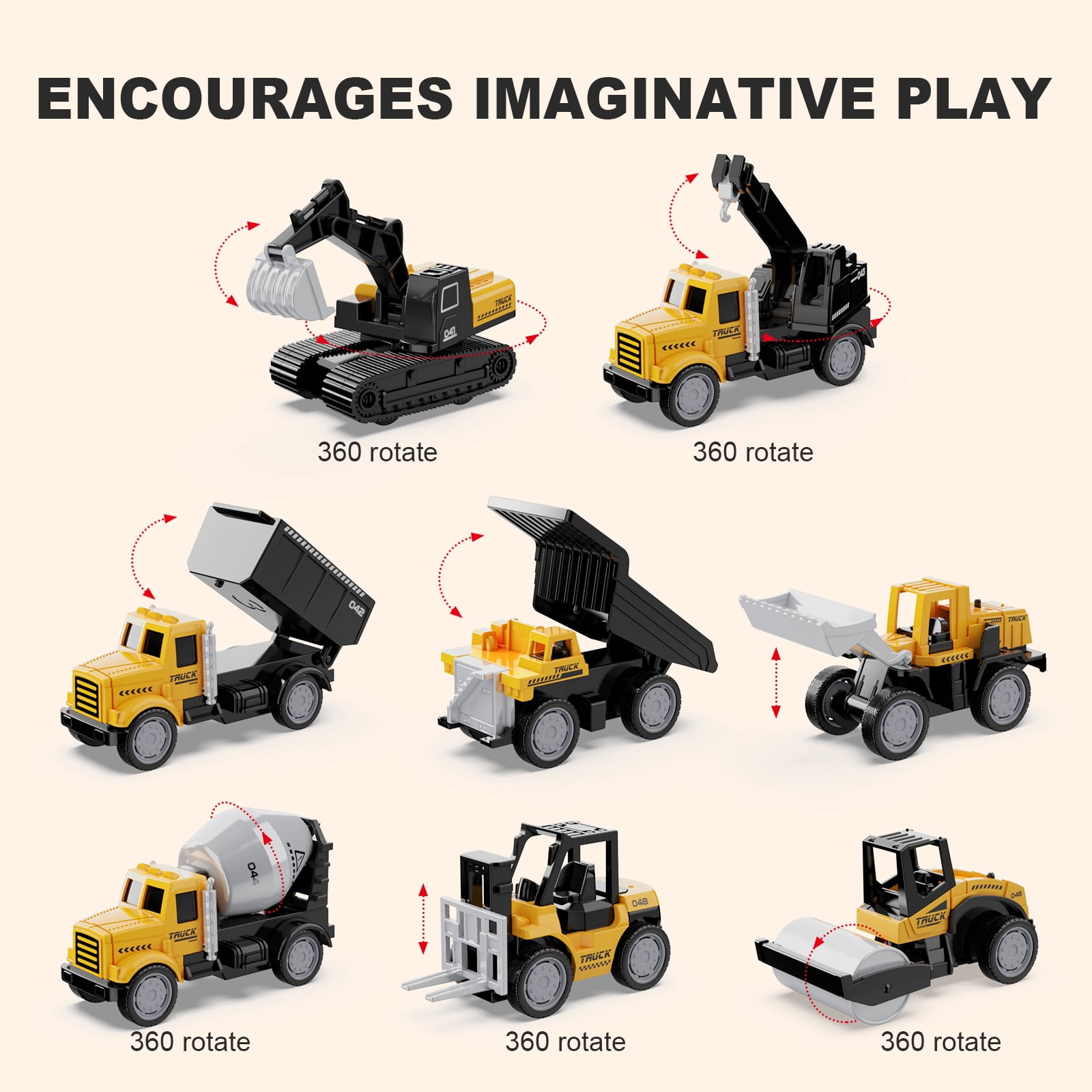 HONGTUO Alloy Mini Construction Vehicles，8Pcs Die-cast ConstructionVehicle Toys Set，Excavators Mixer Truck Bulldozers Forklift Dump Truck Cranes Toys, Pull Back Car Toys for Toddlers Kids Boys & Girls