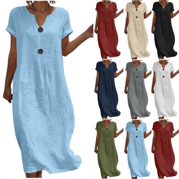 Dvprdro V Neck Short Sleeve Cotton Linen Dress for Women Loose A Line Summer Daily Casual Solid