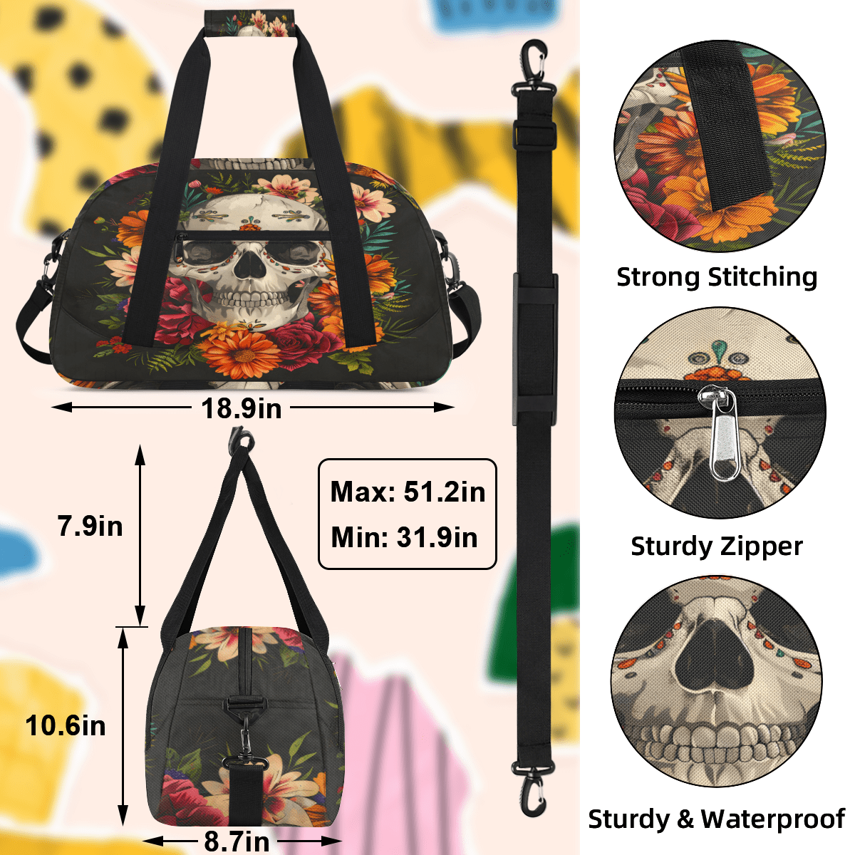 Herdesigns Sports Duffle Bags Travel Duffle Bag Gym Bag Sugar Flower Skull Floral Gothic Weekender Travel Bag Waterproof Overnight Bag Carry On Travel Tote Bag Dance Bags