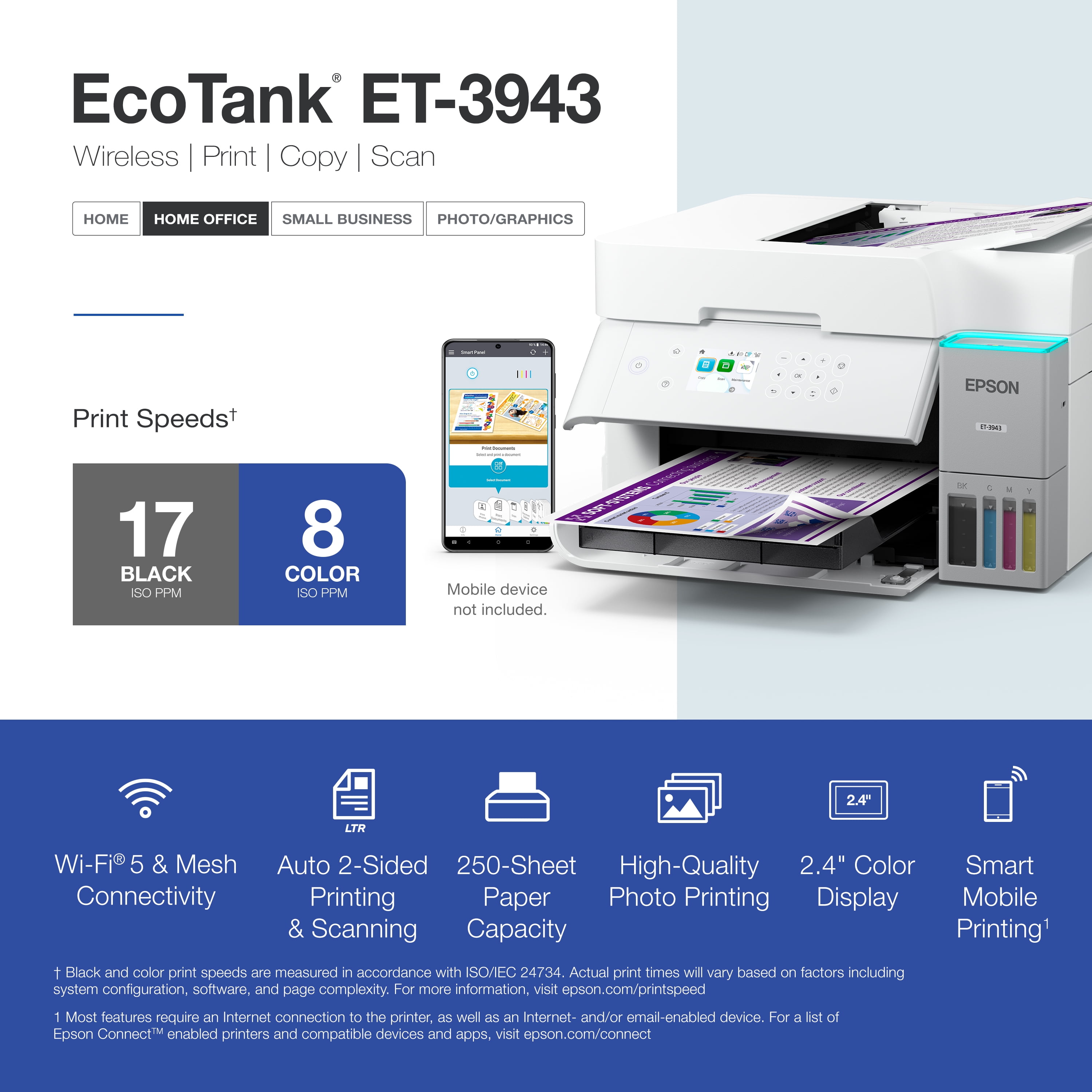 Epson EcoTank ET-3943 Wireless All-in-One Color Supertank Printer – White