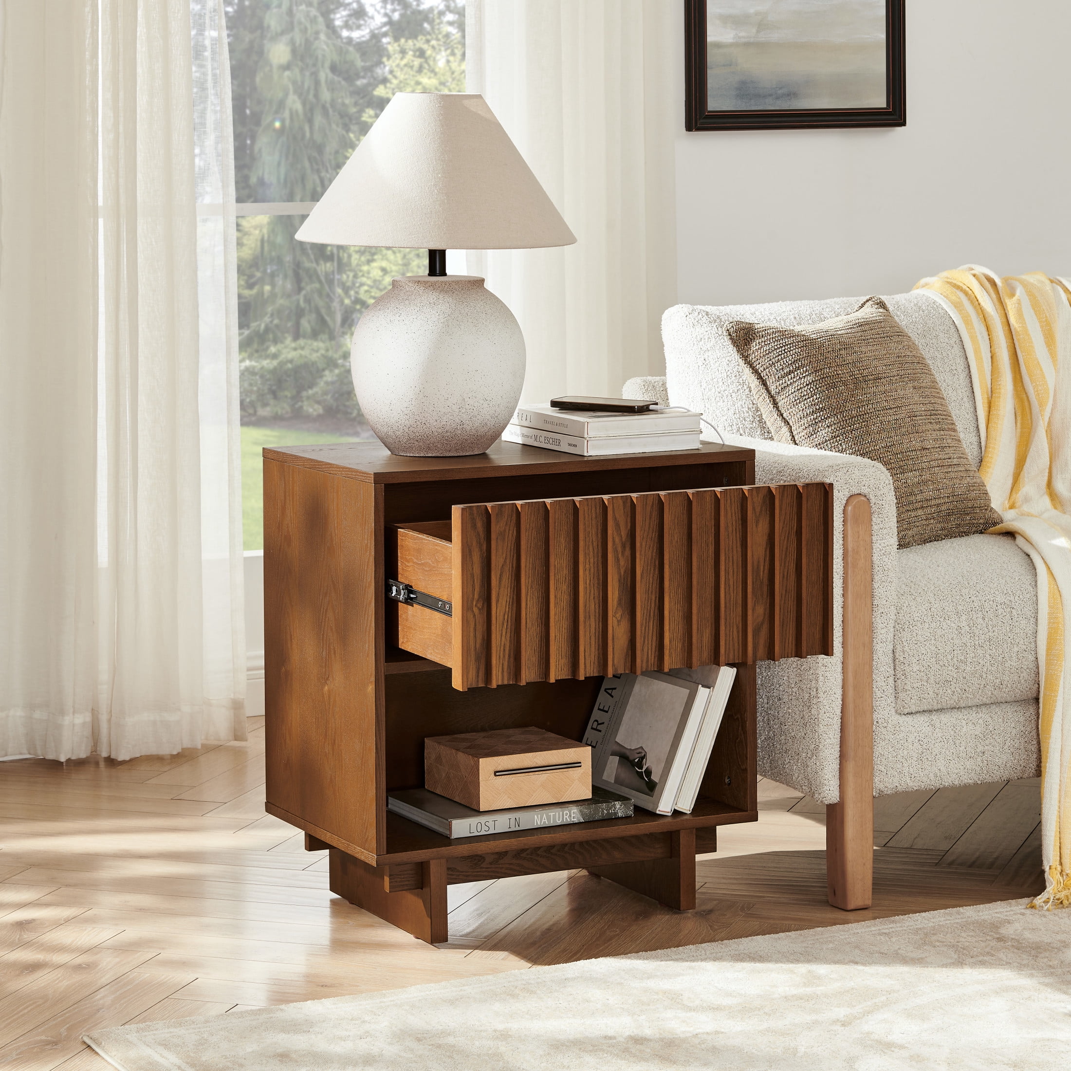 GDF Studio 23.4" Grille Slat Nightstand with Charging Station, Drawer & Open Shelf, Walnut