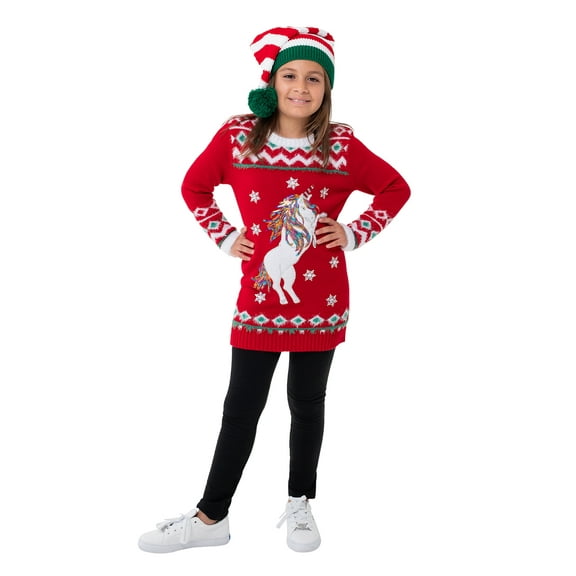 Jollidays Girls' Long Sleeve Unicorn Pullover Christmas Sweater Tunic, Sizes S-XL