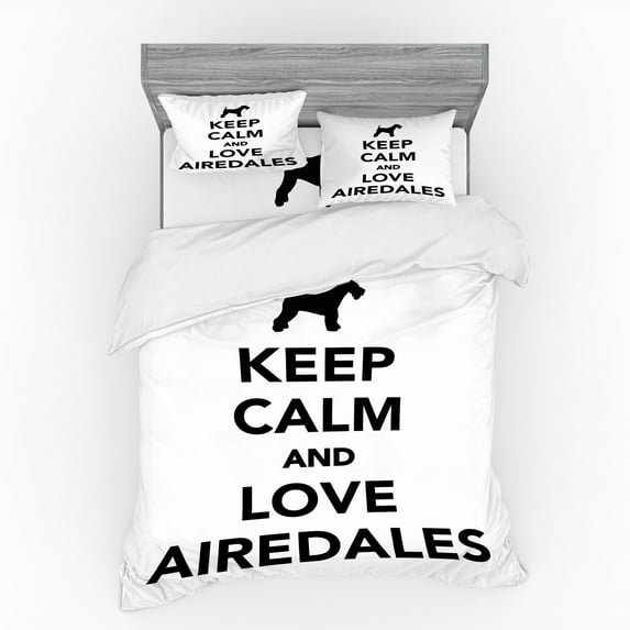 Saying Duvet Cover Set, Keep Calm and Love Airedales Dog Lover Illustration on Plain Background, Bedding Set with Shams and Fitted Sheet, 3 Sizes, by Ambesonne