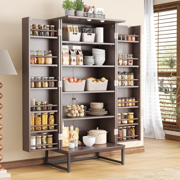 Casendy Kitchen Pantry Storage Cabinet with Adjustable Shelves, 51-inch Kitchen Cabinet with 12 Door Shelves, Modern Kitchen Storage Cabinet for Dining Room, Bathroom, Bedroom, Brown
