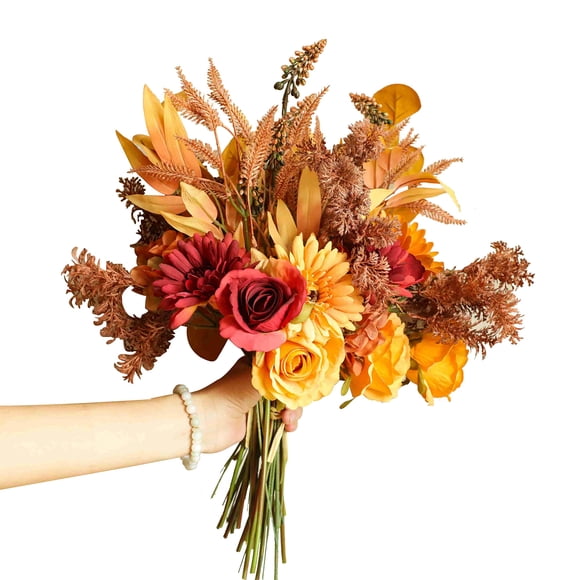 cn-Knight 2pcs Boho Style Artificial Flower Bouquets,17 Inch Bohemian Style Fall Flower Wedding Bouquets for Bridal Bridesmaid,Rustic Home Décor Centerpiece(Orange Color Scheme)