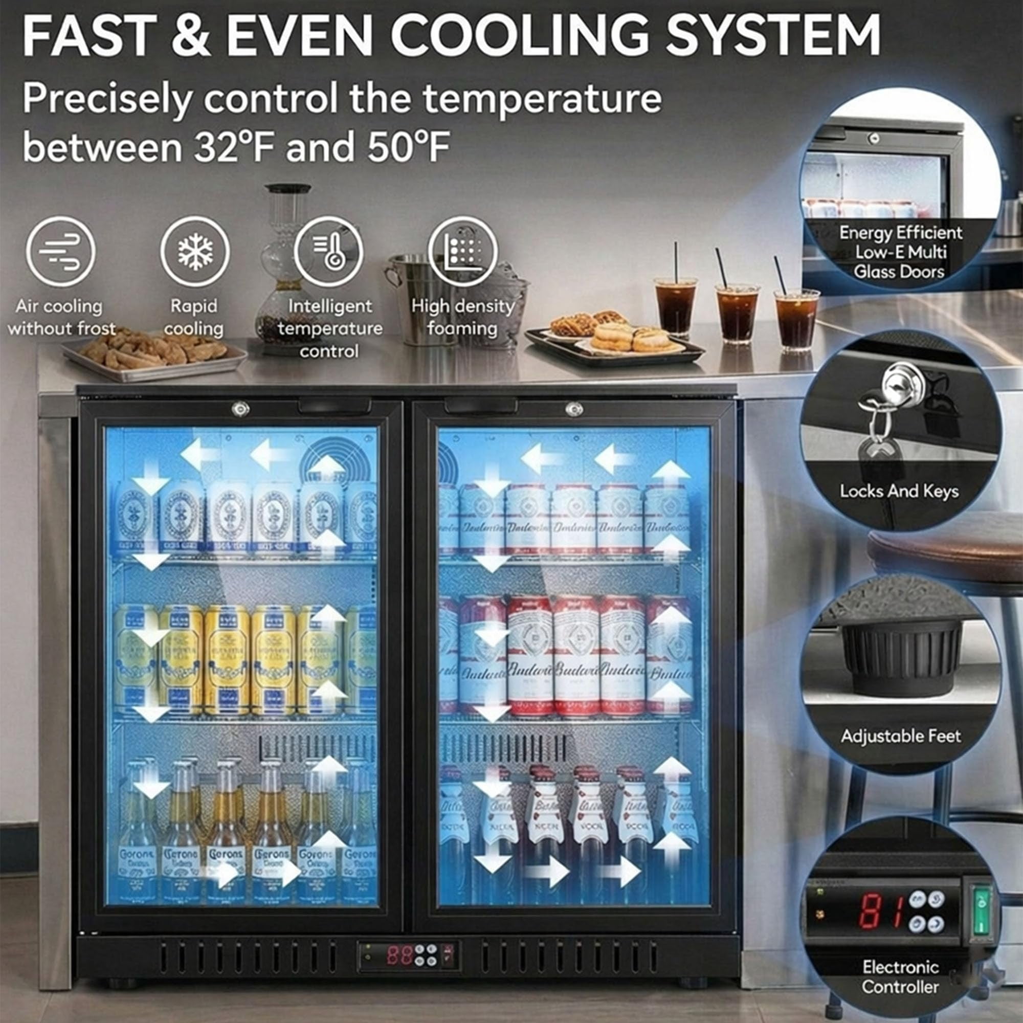 BODEGA 35.4 Inch Under Counter Beverage Refrigerator  2 Door Back Bar Cooler Dual Zone 32–50°F, 7.4 cu.ft Built-in or Freestanding Glass Door Fridge with LED Lighting