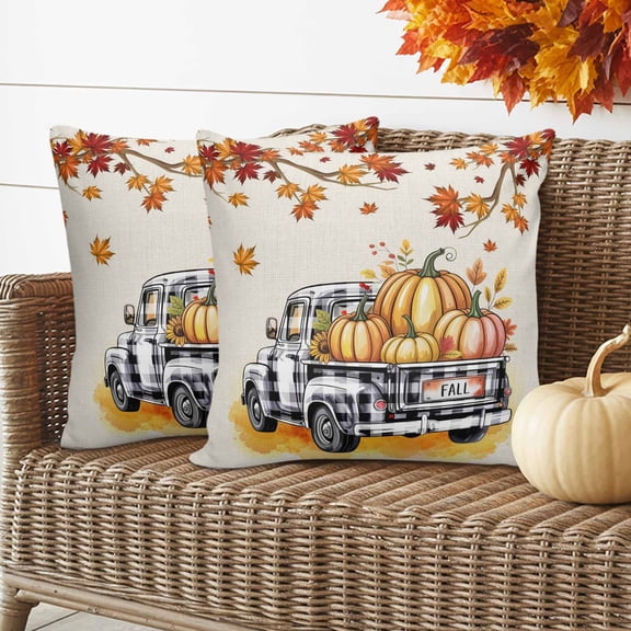 Outdoor Waterproof Pillow Covers Orange Pumpkin Fall Thanksgiving Maple Leaf Decorative Throw Pillow Protectors for Sofa Couch,18x18in 2 Pack