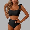 thumbnail image 2 of Miluxas Women's Cute Bow Tie Shoulder 2 Piece Bikini Sets Solid Color Square Neck High Waisted Bathing Suit for Beach Pool Black, 2 of 5