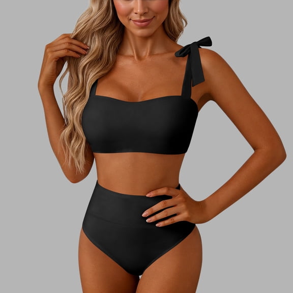 Fznquz 2 Piece Bathing Suit for Women Tummy Control High Waisted Swim Suits Tie Shoulder 2026 Summer Swimwear,S