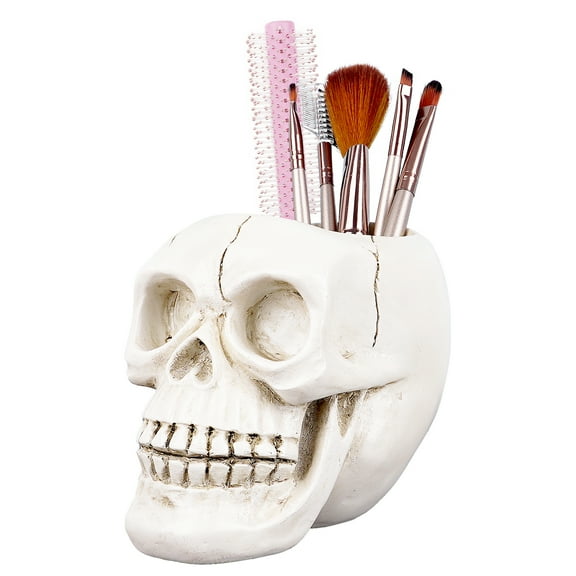 Rustic Skull Makeup Brush Holder, Skull Head Pen and Pencil Holder, Goth Skull Decor Desktop Organizer for Office Vanity Dresser Bathroom