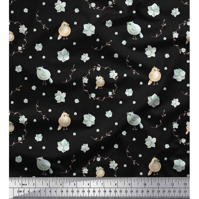 Soimoi Black polyester Crepe Fabric Wreath & Bird Decor Fabric Printed Yard 52 Inch Wide