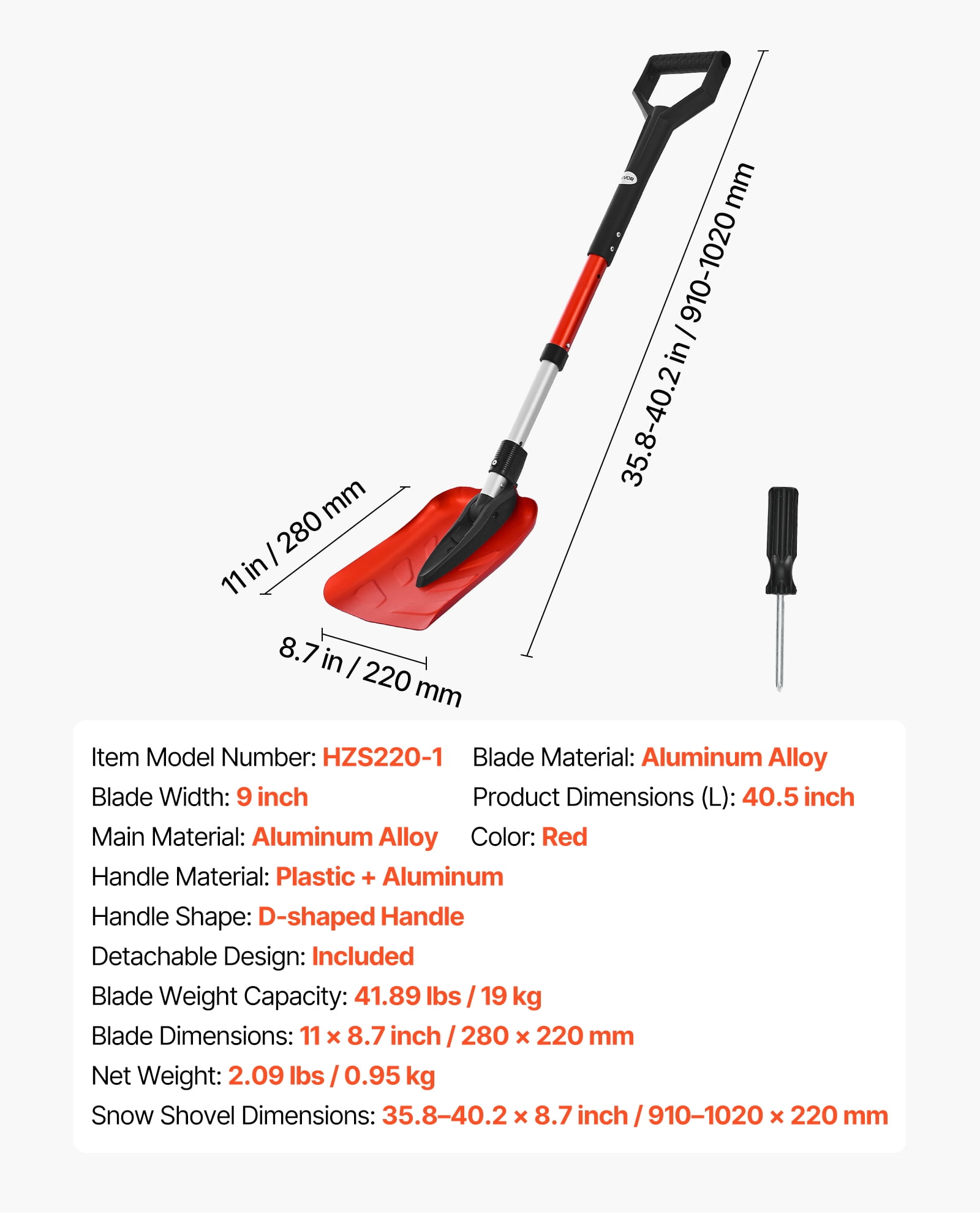 VEVOR Snow Shovel for Driveway, 9 in Foldable Snow Shovel with D-shaped Handle, , 36-40 in Adjustable, Lightweight Aluminum Alloy Snows Removal Tool, Reduce Back Strains for Garden Car Camping
