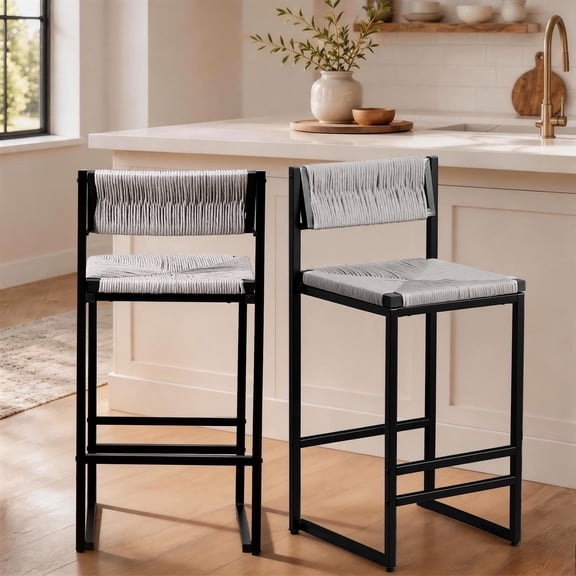 SESSLIFE Bar Stools Set of 2, Counter Height Bar Stools with Paper Rope Weave & Metal Legs, Barstools with Back, Bar Chairs for Kitchen Island, Gray