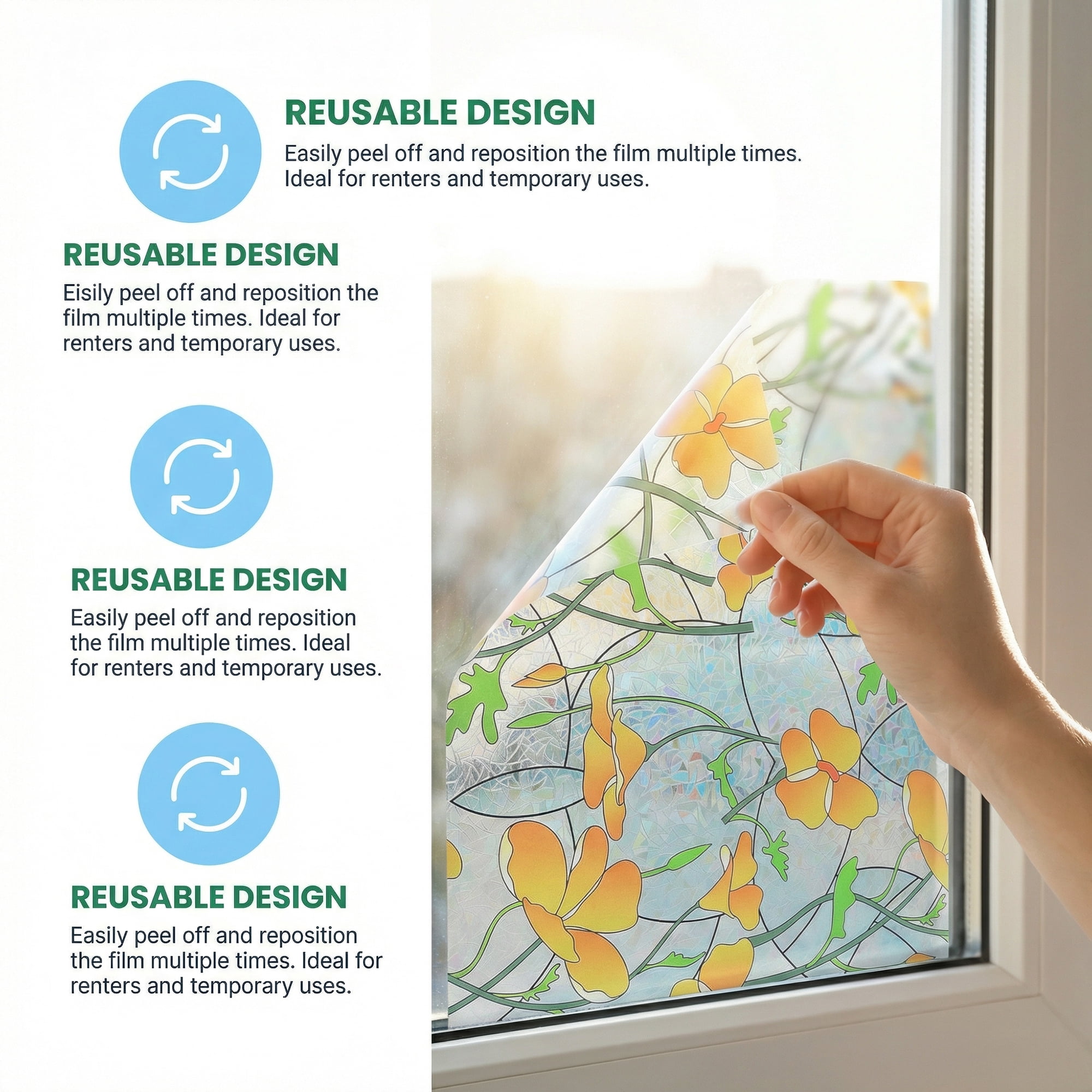 Unique Bargains Static Cling Floral 3D Prism Window Privacy Film Yellow 39.4" x 23.6"