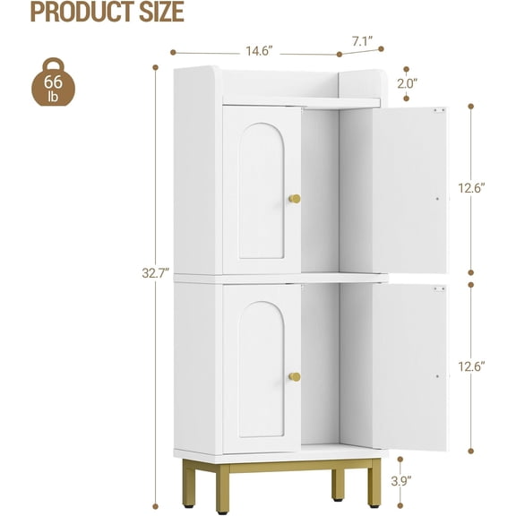 Bathroom Cabinet with 4 Doors, Small Storage Organizer for Living Room Kitchen, White Freestanding Cupboard with Adjustable Feet