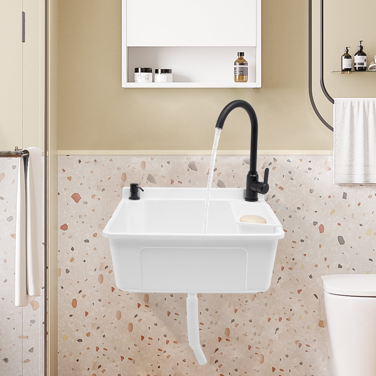 Plastic Wall-Mounted Utility Sink, Wall-Mounted Utility Tub with Hot&Cold Faucet