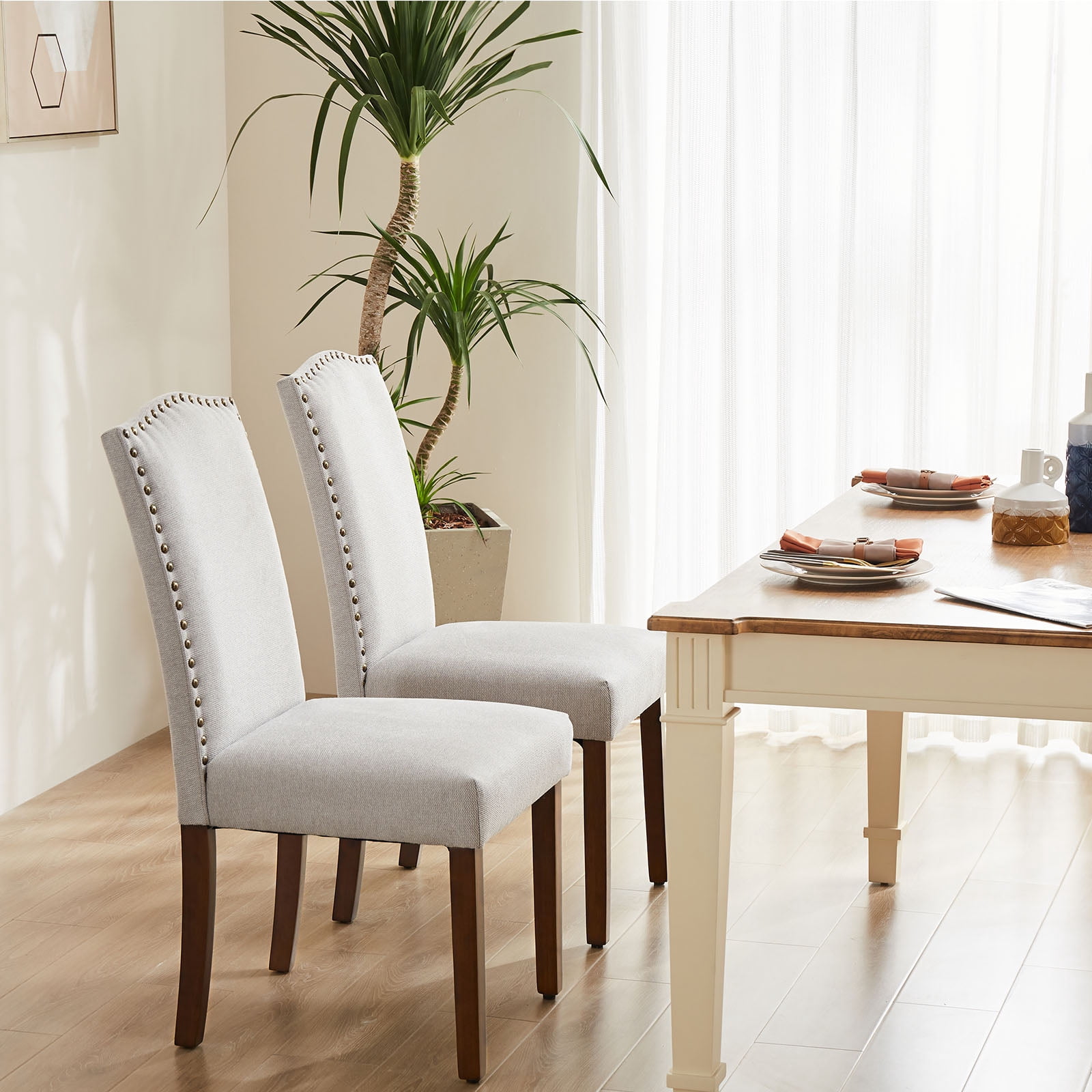 Modern Dining Chairs,Set of 2 Fabric Dining Room Kitchen Chair with Nailhead Trim, Comfy Side Chairs for Living Room, Grey