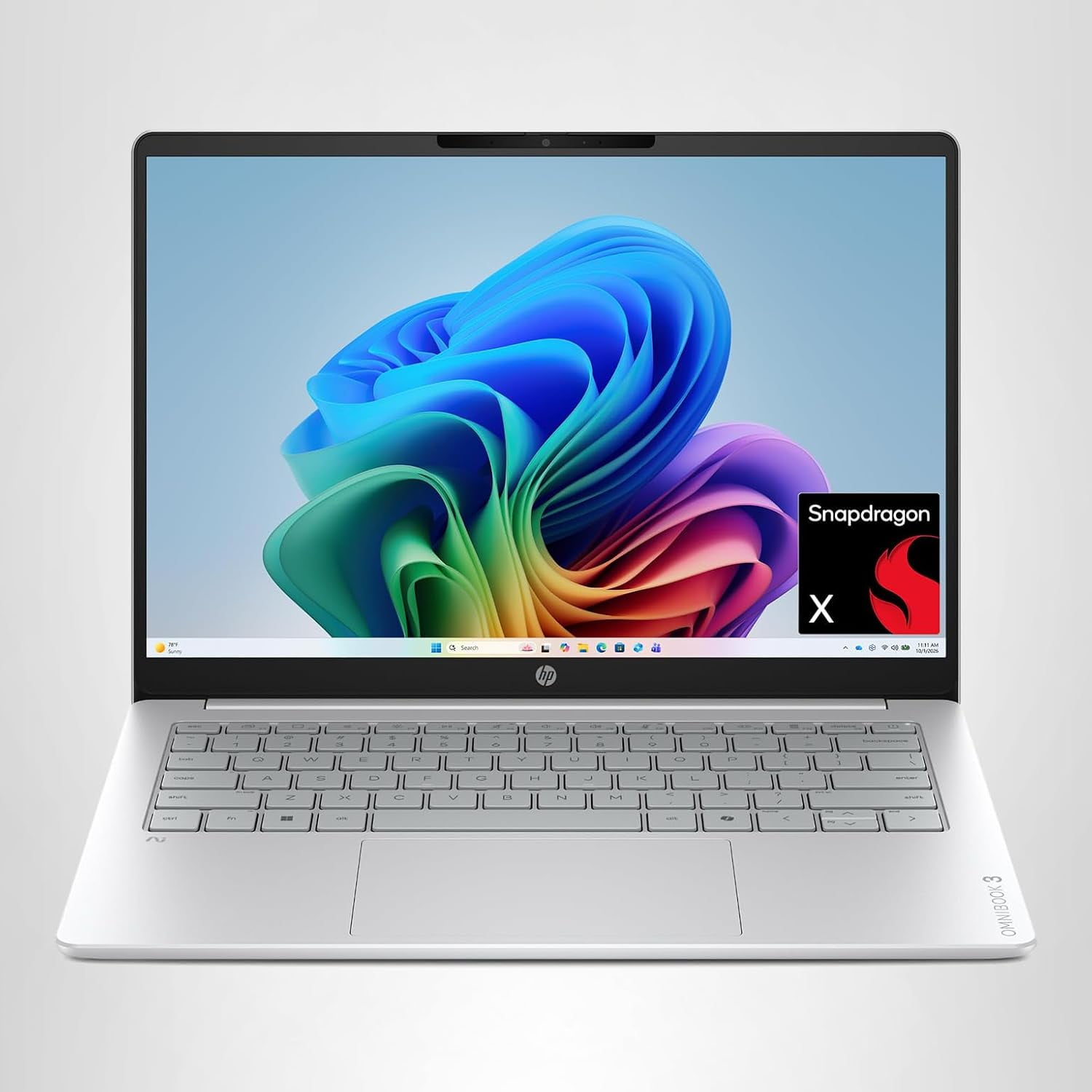 HP OmniBook 3 14 inch Next Gen AI PC, 2K Display, Snapdragon X X1-26-100, 16 GB RAM, 512 GB SSD, Qualcomm Adreno GPU, Windows 11 Home, Glacier Silver, 14-hz0099nr