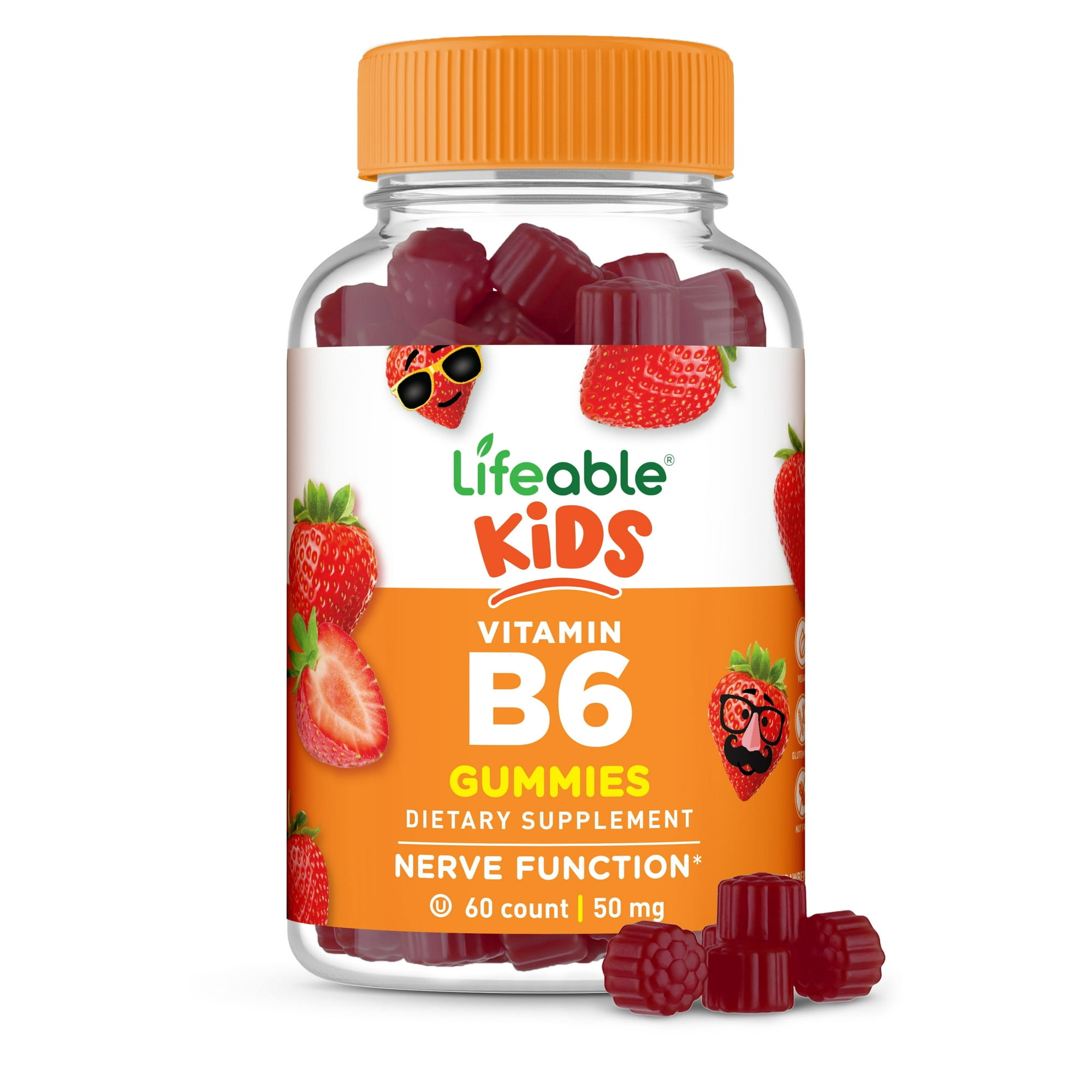 Vitamin B6 Gummies for Kids | Great Tasting B6 Vitamins 50mg | Vegan non-GMO Gluten Free | for Nerve Function Support | 60 Gummies | Lifeable