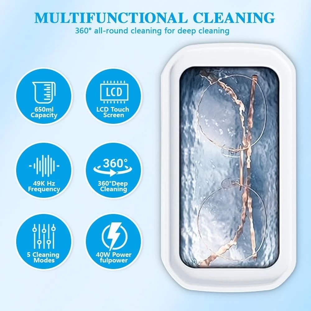 XEENSO Ultrasonic Jewelry Cleaner Denture Glass Watch Ring Bath Tank Cleaning Machine 49KHz 5 Modes Digital Timer