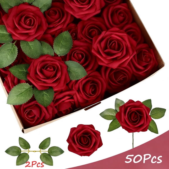Syvvy 50Pcs Artificial Rose Flowers with Stems and Leaves, Fake Roses for Party,Floral Arrangements,Wedding,Ceremony Decor,Red