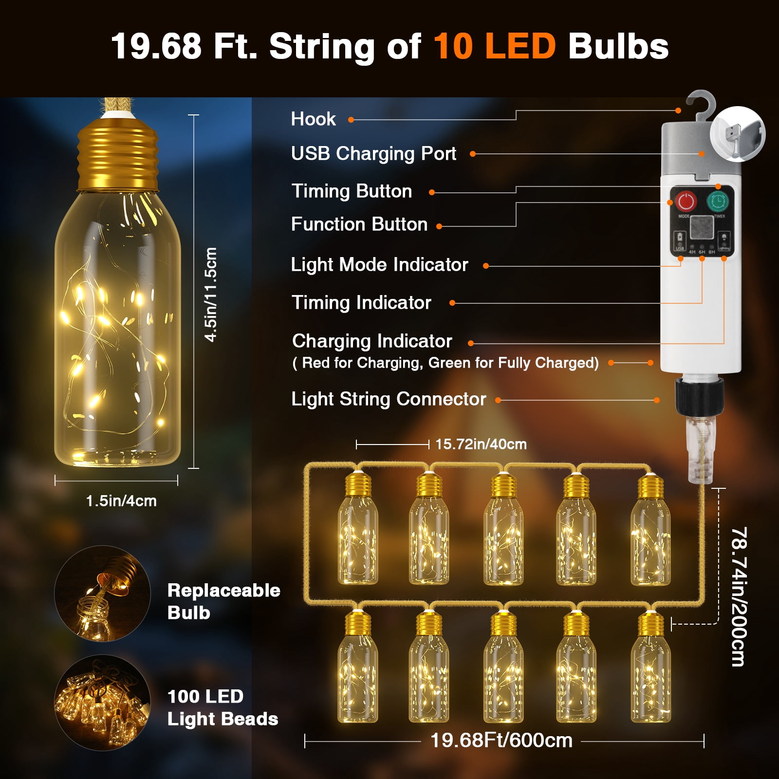 PChero 19.68FT USB Rechargeable Outdoor String Lights with Remote, 10 Shatterproof Bulbs Vintage Hemp Rope Patio Lights, 8 Modes Hanging Fairy Lights for Indoor Outdoor Decor, Balcony, Wedding, Party