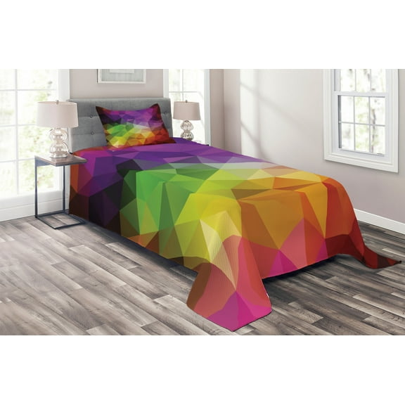 Ambesonne Colorful Quilted Coverlet 2 Pcs, Geometry Shape Polygon, Twin Size, Multicolor