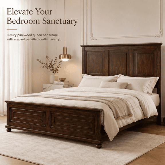 Pine Wood Queen Bed Frame with Headboard, Footboard & USB, Brown