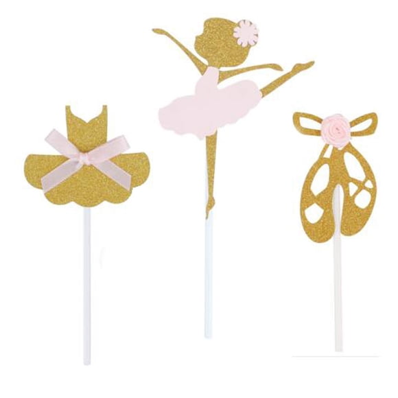 Paquete de 24 zapatillas de ballet de bailarina doradas con purpurina, vestido de tutú, falda para niñas, adornos para magdalenas para fiesta de cumpleaños, baby shower, decoración de fiesta de boda
