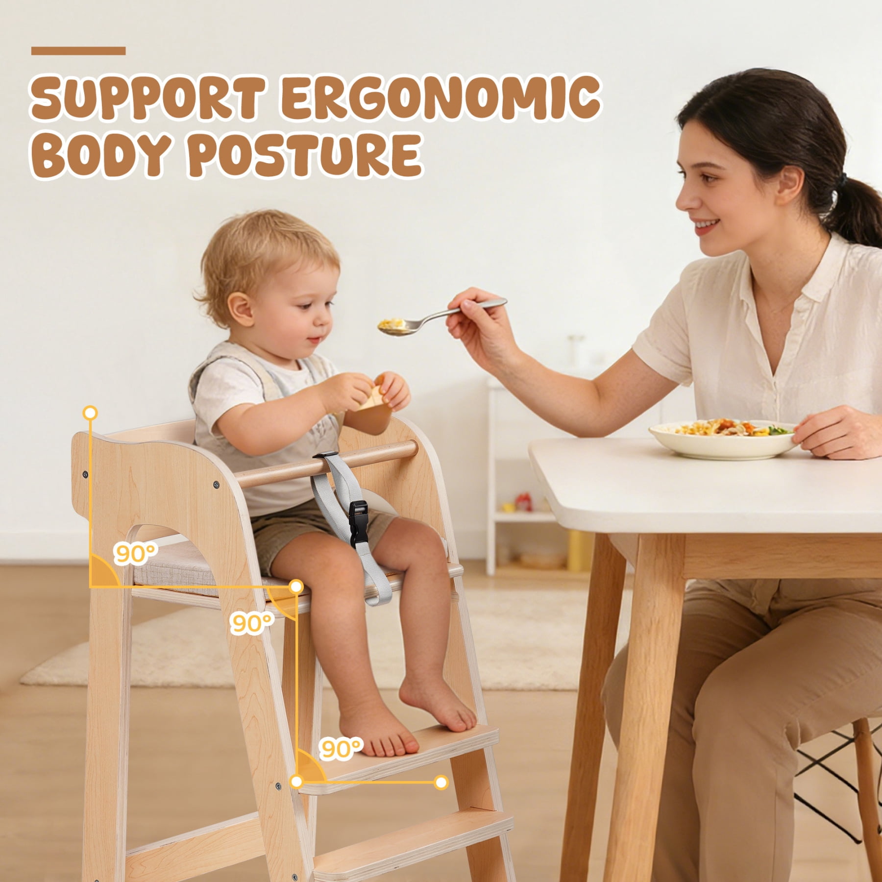 Robud Wooden Adjustable High Chair for Baby & Kids, Multifunctional Toddler Chair with Safety Belt, Convertible to Study Desk Chair, 6 Months to Teen Years, 40kg Capacity
