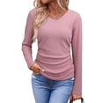 thumbnail image 2 of Tops Casuales para Mujer, Cuello en V, Camisas de Larga, Túnicas Básicas con Frunces Lisos, Blusas Rosa S, 2 of 7