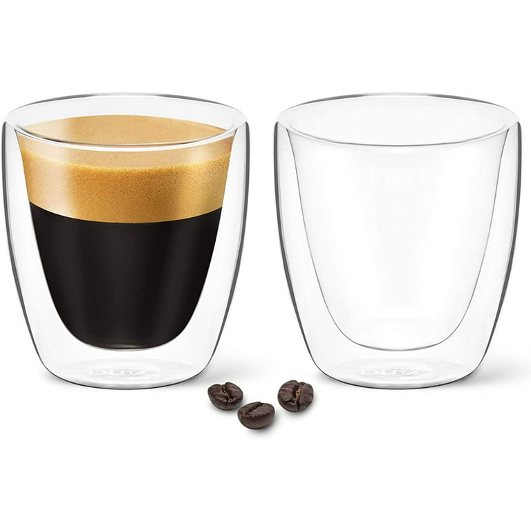 Dlux Espresso Coffee Cups 3oz, Double Wall, Clear Glass Set of 2 Glasses with Handles, Insulated Borosilicate Glassware Tea Cup